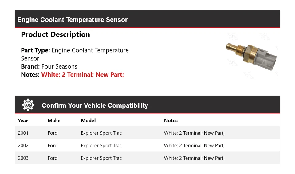 For 2001-03 Ford Explorer Sport Trac Engine Coolant Temperature Sensor 4 Seasons - Image 2 of 4