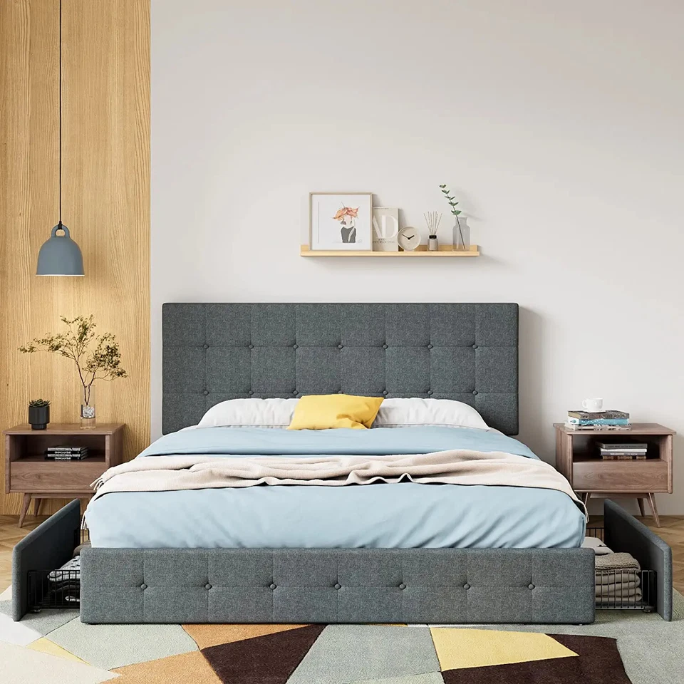 Cama King Queen plataforma armazenamento estrutura com 4 gavetas e cabeceira ajustável - Imagem 2 de 4