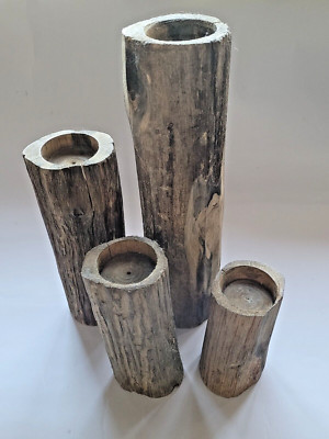 4er Set handgefertigte rustikale Holz Kerzenständer Kerzenhalter Baum Ast