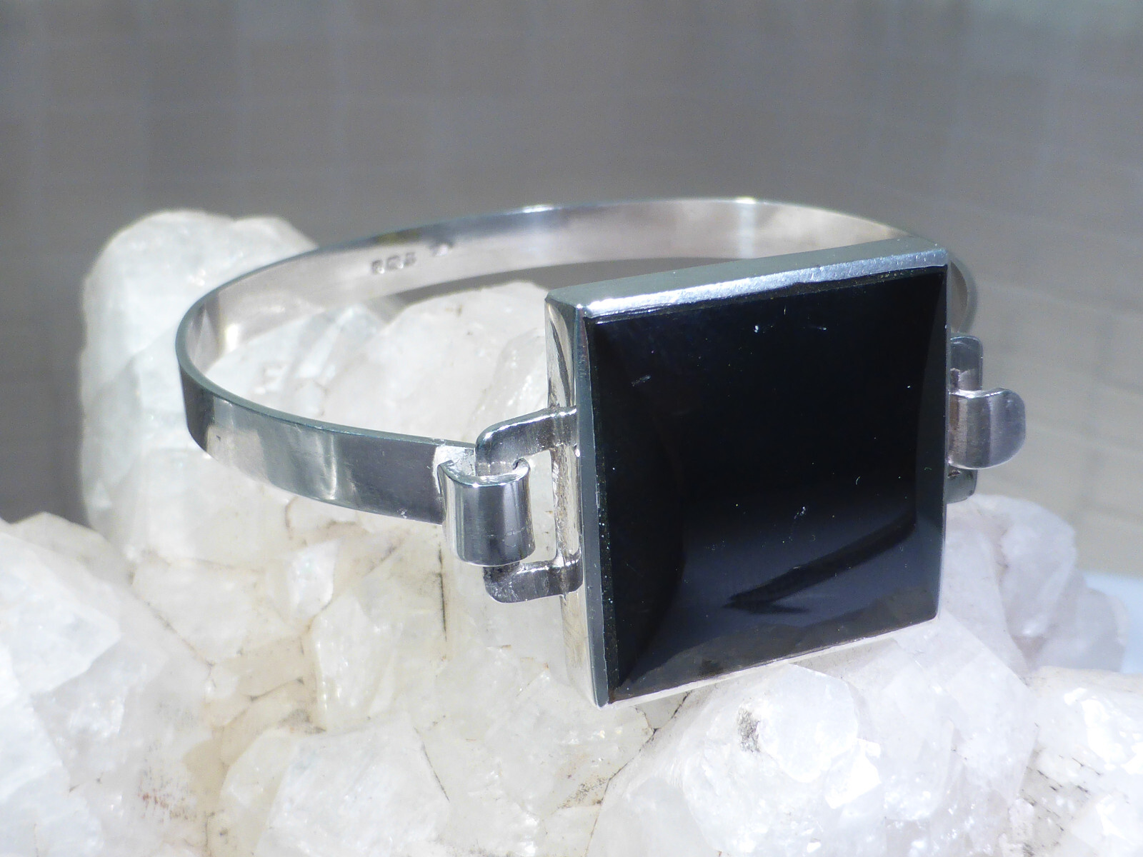 Solid Silver Bangle Onyx Stone Bracelet Hinged UK… - image 6