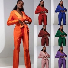 Silk Satin 2 Pcs Women Suits With Belt Prom Wedding Formal Wear Ladies Outfits