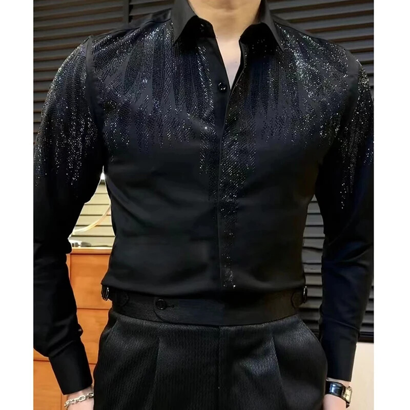 Men's Wing Rhinestone Slim Fit Shirt - Black - L