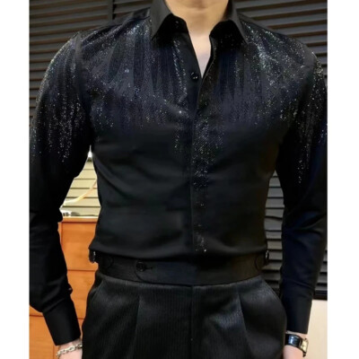 New Luxury Men Diamond Rhinestones Fashion Button-Down Shirt High Quality