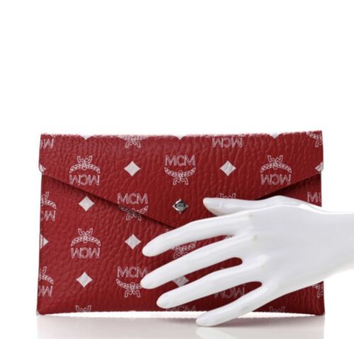 NEW MCM Visetos Monogram Red White Envelope Clutch Coated Canvas w/ Box Gift - Picture 3 of 16