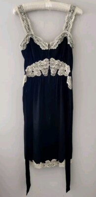 Vtg Betsey Johnson Black Zip Front Tie Back Silk Dress Ivory 