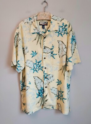 Havana Jacks Cafe Men's Hawaiian Aloha Floral Yellow Blue Rayon Shirt Size Large