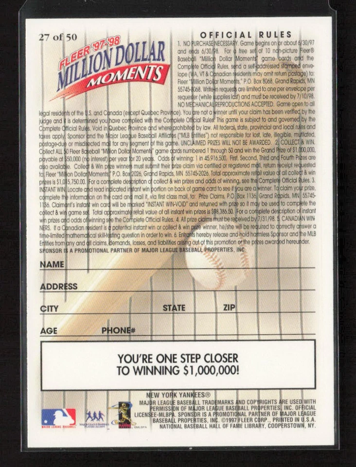 1997-98 Fleer Million Dollar Moments #27 Bobby Richardson - Image 2 of 2