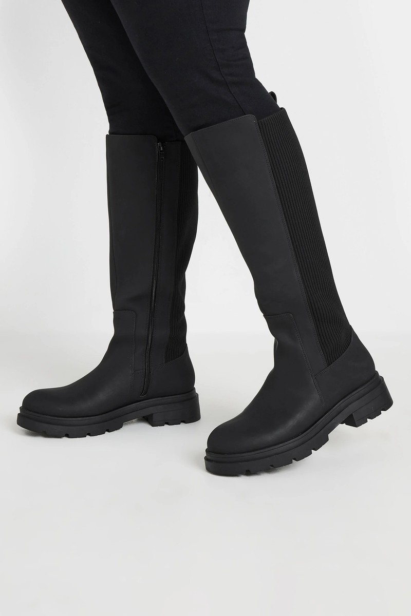 Yours Curve Sock Panel Knee High Boots In Wide E Fit Extra Wide