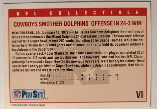 NFL Trading Card Football Superbowl VI Cowboys Dolphins 1989 Pro Set - Bild 2 von 2