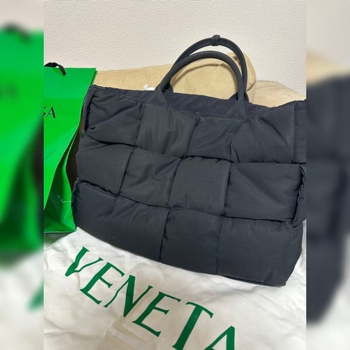 BOTTEGA VENETA Large Arco Padded Tote Bag Black Intreccio Nylon Shoulder Bag