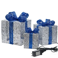 7.5”-5.9”-4.7” Set of 3 Christmas Lighted Gift Boxes with Plug for Christmas ...