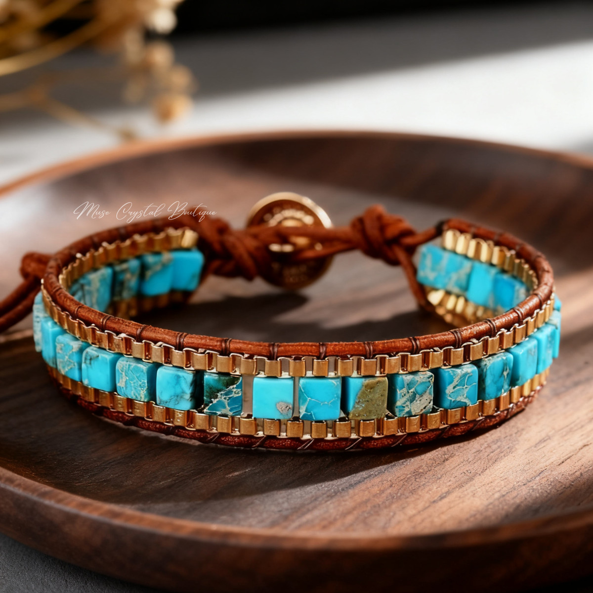 Natural Turquoise Jasper Beaded Leather Braided Wrap Bracelet Gift for Women Men