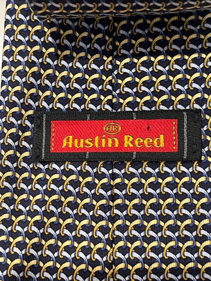 VINTAGE AUSTIN REED 100% Silk Tie Horseshoe Stirrup Navy Gold Made in England - Image 2 of 4