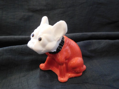VTG Westmoreland White Milkglass Head,Ruby Red Eyes,Black Collar French Bulldog