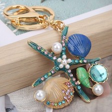Ocean Series Rhinestone Keyring Pendant Starfish Scallop Pearl Keychain Bag