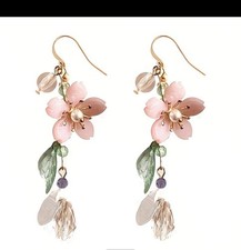Pink Flower Dangle Earrings Green Leaf Pearl Bead Boho Women Cottagecore Gift