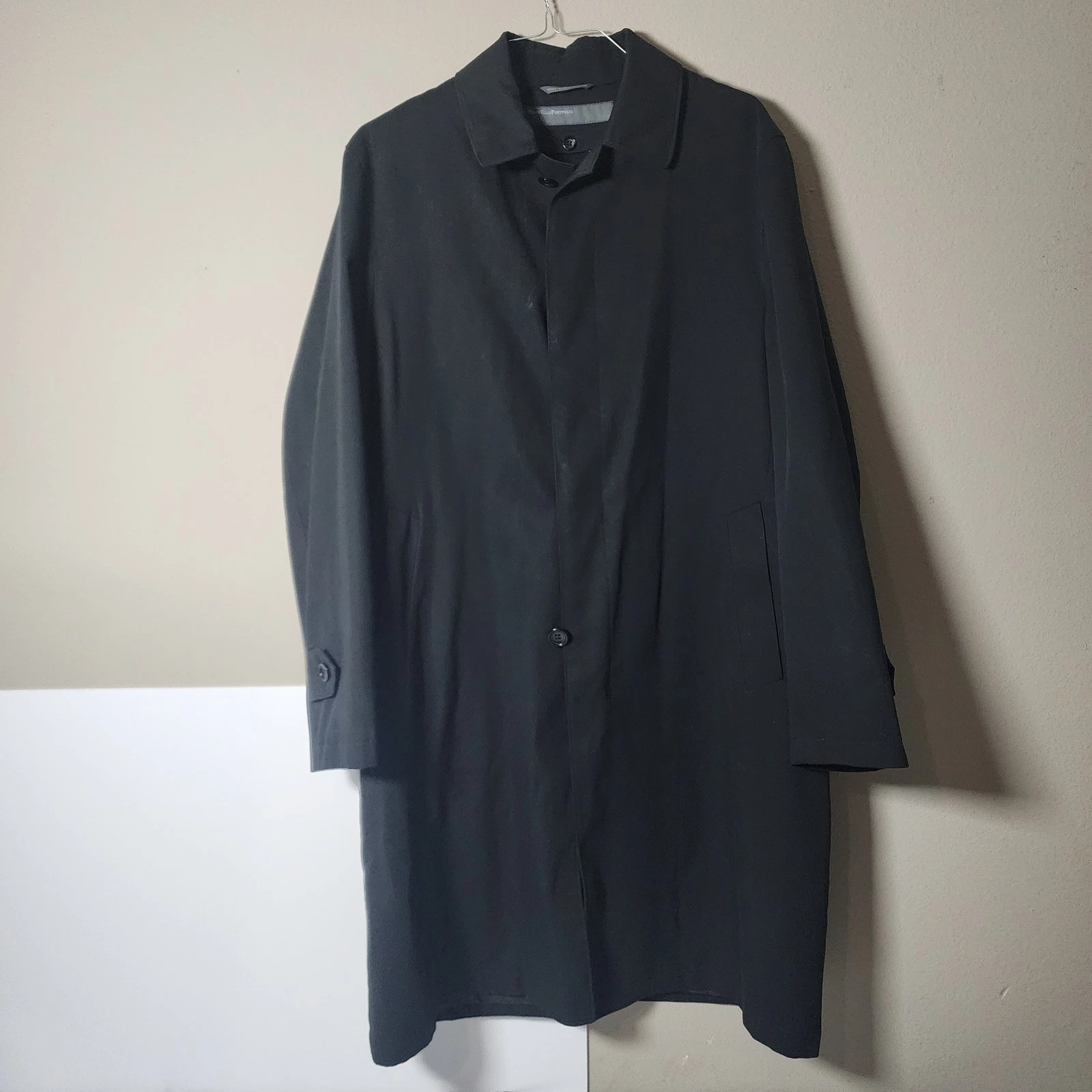 Perry Ellis Portfolio Mens Black Trench Coat 42R Long Raincoat Lined image 1