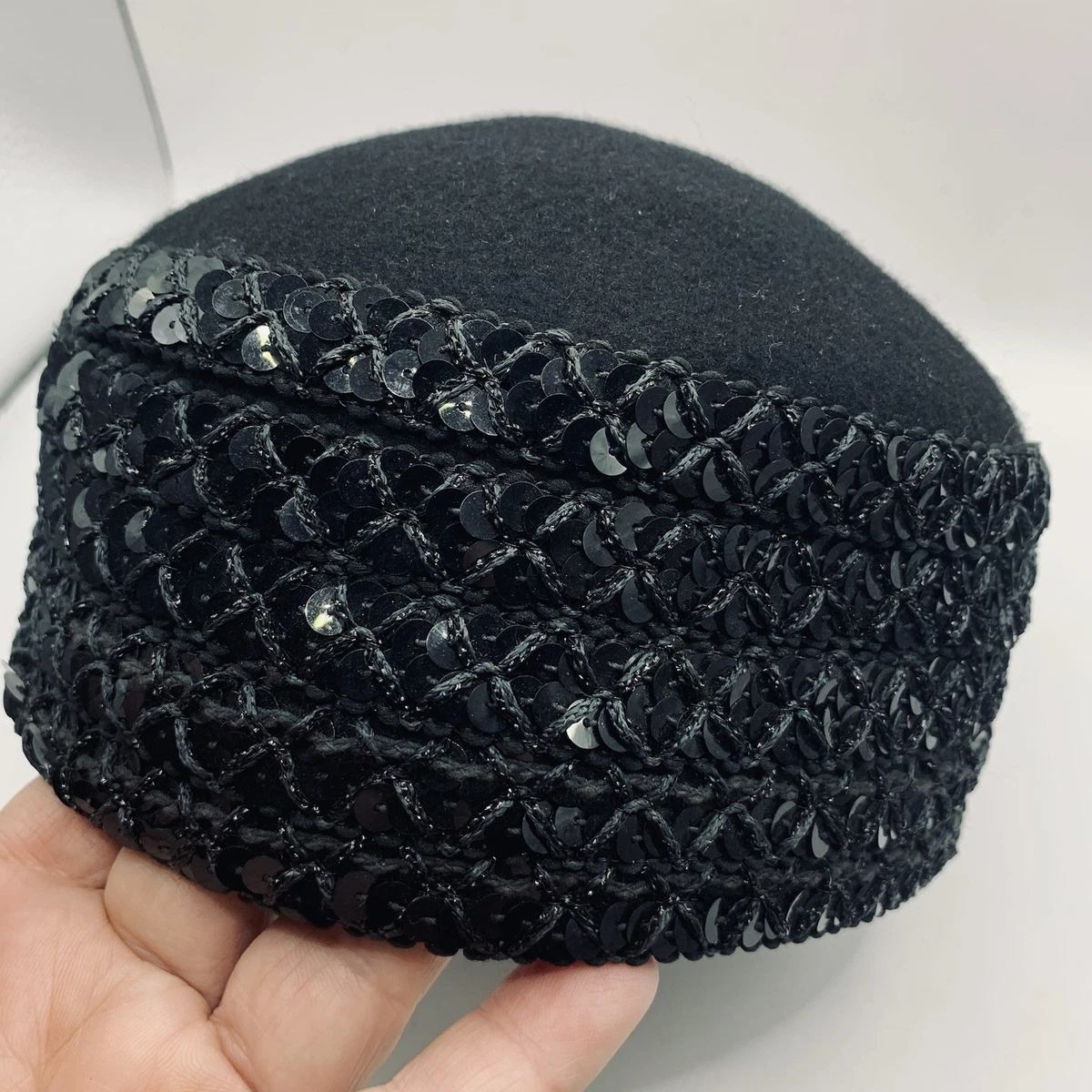 Vintage Merrimac Hat Corp Black 100% Wool Pillbox Hat Veil Satin Bow Sequin USA Satin Pillbox Vintage Hats for Women for sale | eBay main image 4