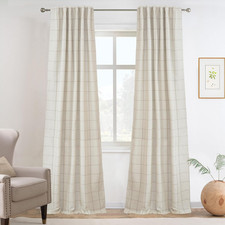 Taupe 100 Blackout Plaid Linen Curtains 108" Long Thermal Insulated 2 Panels