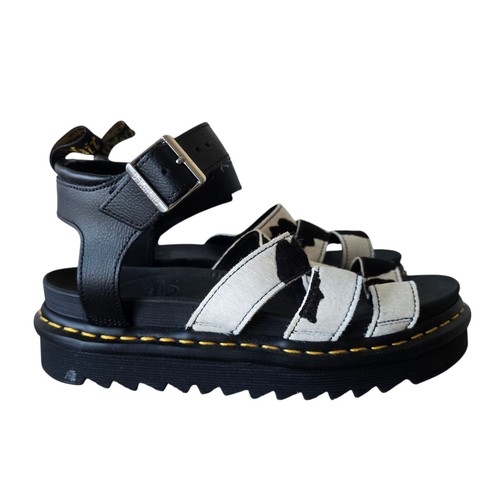 Dr. Martens Women's Black/White Cow Print Strappy Platform Buckle Sandals