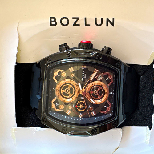 BOZLUN Quartz Tonneau Watch Chronograph Black SS Case Black Rubber Strap Box