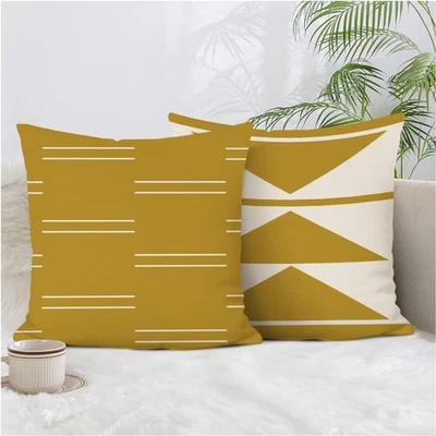 Kissenbezug 45x45 cm 2er Set Leinen Gelb Geometrisch Modern Dekor Sofakissen - Bild 1 von 4