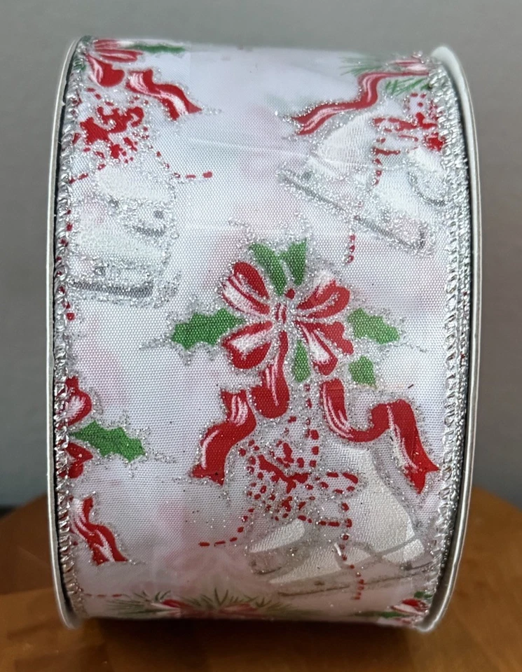 VTG Celebrate It HOLIDAY Wired Christmas Ribbon Red & Silver Glitter Ice Skates - Image 3 of 4