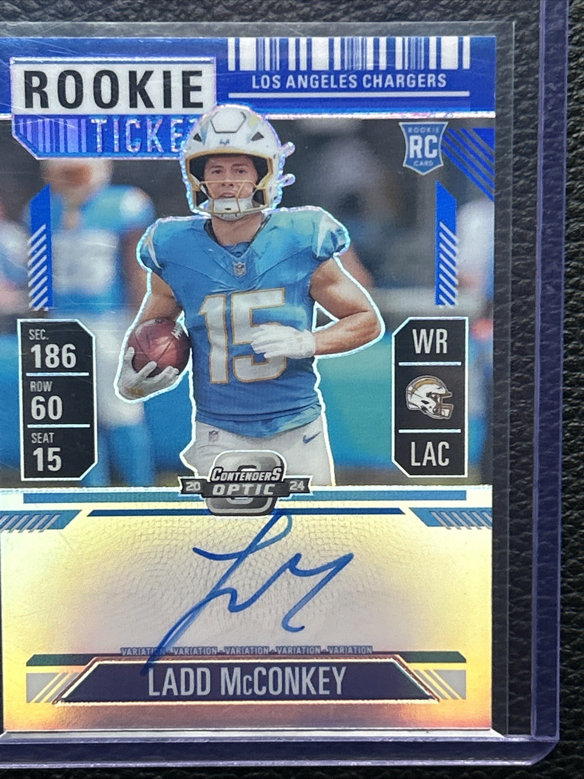 2024 Panini Contenders Optic Ladd McConkey Blue Variation Rookie Ticket Auto /50