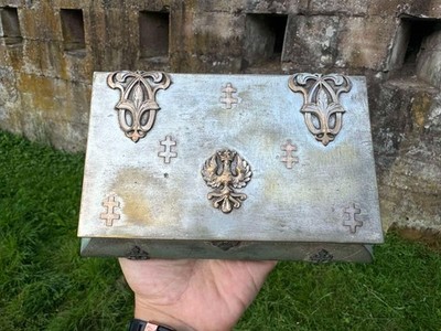 1920s-1950s Antique Polish Eagle Cross Heavy Metal Jewelry Trinket Box Vintage