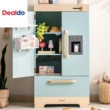 Fridge Refrigerator with Ice Dispenser, Wooden Play Fridge Freezer Set for Kids,