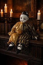 Vintage Porcelain Harlequin Pierrot Doll 13” Wind Up Musical Black Gold Gothic