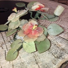 Vintage Chinese Jade Bonsai Tree W/ Peach Pink  White Quartz Flowers Marble Pot