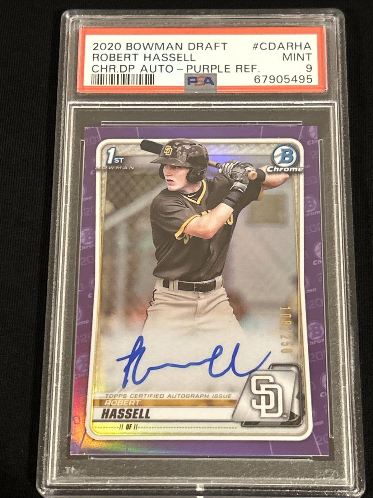 2020 Bowman Chrome Draft Auto Robert Hassell #CDA-RHA Purple Refractor /250 PSA9