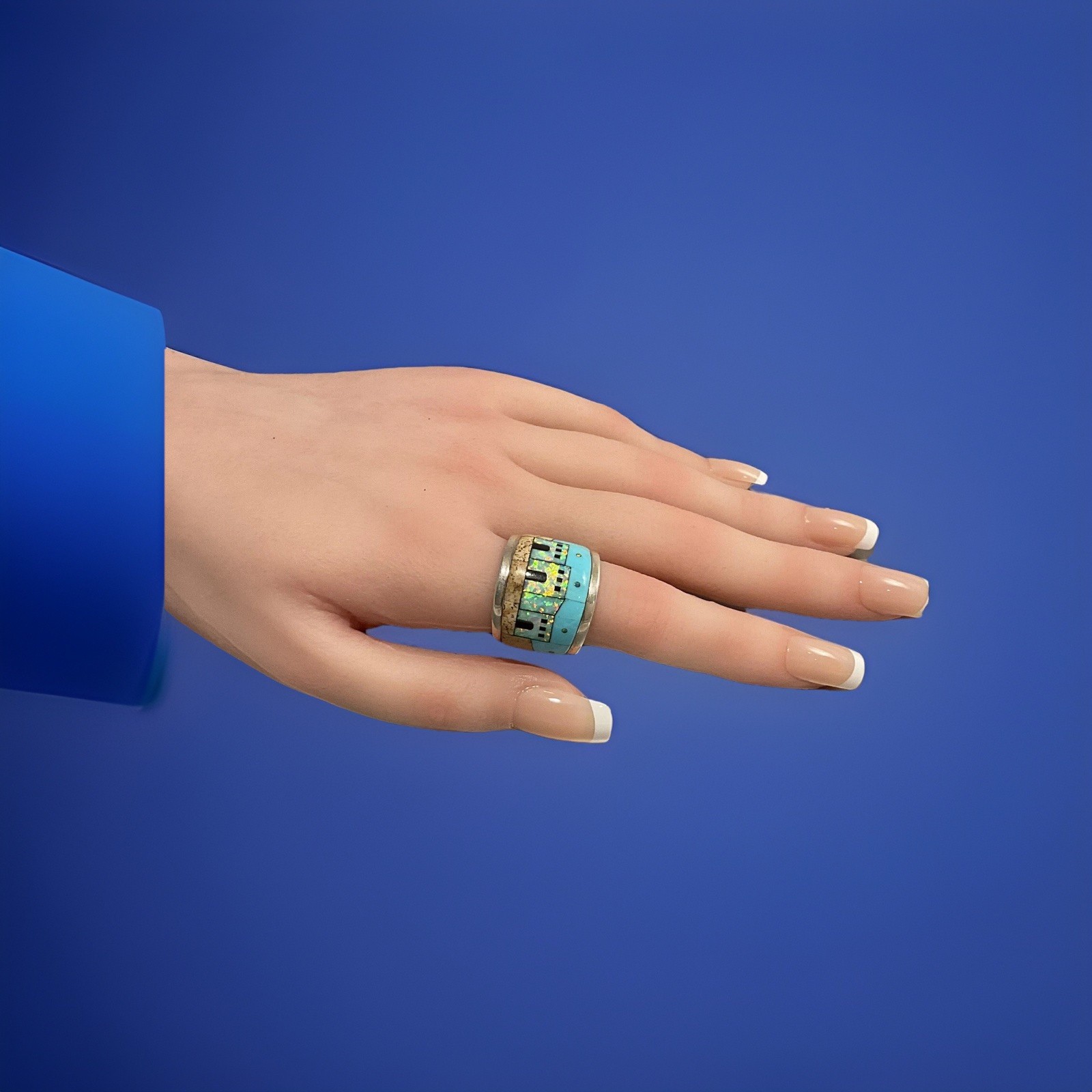 "The Three Dwellings" Sterling Turquoise and red fire Opal ring Size 7 NEW image 2