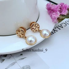 New! Tory Pearl Circle Earrings with Jewelry Pouch Size:3.1*1.4cm