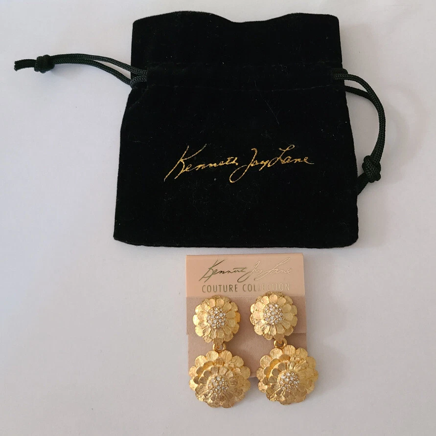 Brincos de gota floral folheados a ouro Kenneth Lane KJL COUTURE - NOVO sem etiquetas - Imagem 2 de 4