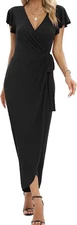FZZOR Womens Deep Cross V Neck Ruffle Sleeve Tulip Hem Long Wrap Dress Small Blk