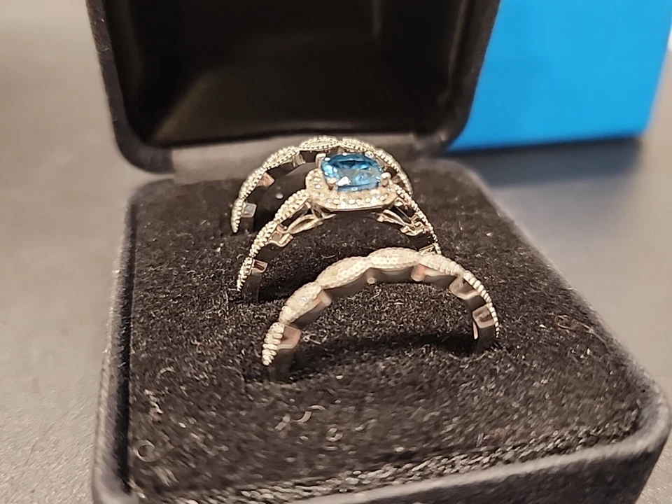 London Blue Topaz Cushion Rhodium/925 Halo Ring & 2 Accented Bands Set 1.70ctw - Image 3 of 4