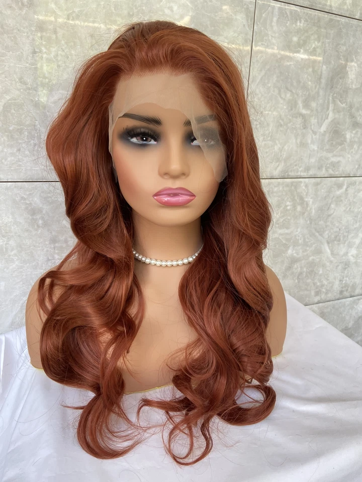 Peluca larga ondulada castaño rojizo cobre rojo encaje frente mezcla calor OK mujeres diaria Foto 2 de 4
