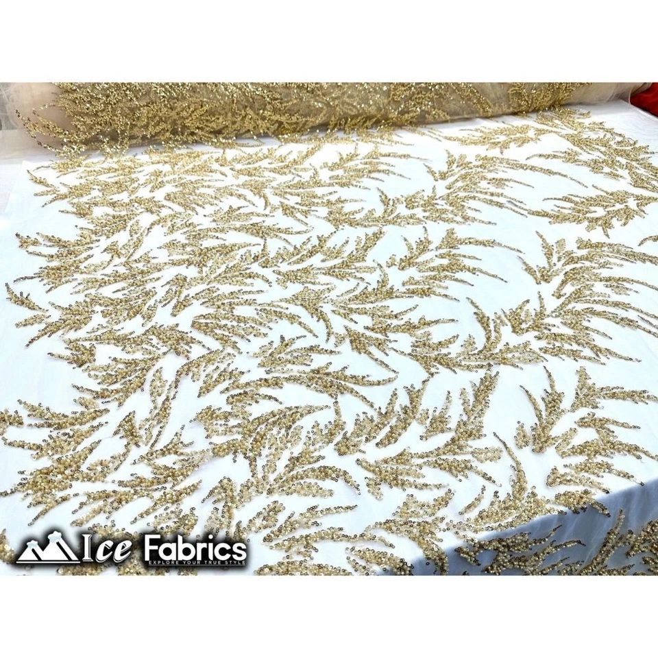 Gold Lace Beaded Fabric By Yard On Mesh Fabric LV - Image 2 of 4