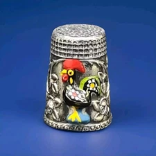 Silver Tone Enamel Gilt Thimble Cockerel Roses and Foliage Star on Top