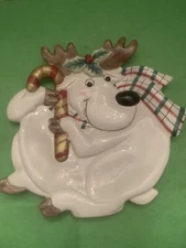 Fitz and Floyd Gift Gallery White Reindeer Holiday Plate Cookie Dish Plaid Scarf
