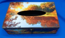 Vintage Tissue Box Holder Cover Faux Leather Forrest Stream Wilderness Scene