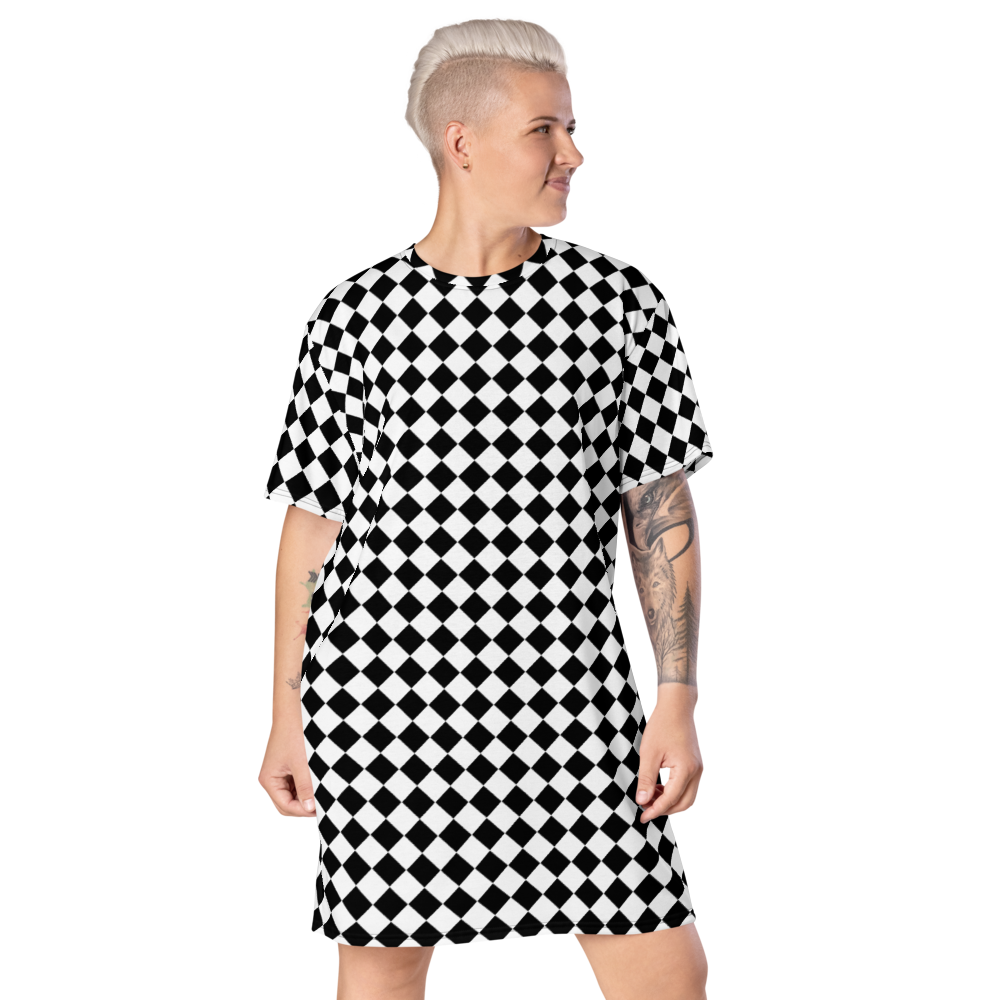 checkerboard t shirt dress Black and White Checkered T-shirt Dress, Streetwear Aesthetic Tee shirt Dress, All over print Loungewear Dress, Loose Fit Urban Clothing