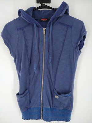 DKNY active Petites Women's Short Sleeve Full Zip Hoodie PS Blue 041