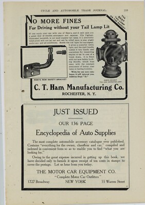 1909 C.T. Ham Mfg. Ad: Vigilant Tail & Inspection Lamps for Autos ...