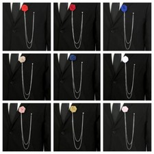 Men Flower Metal Chain Lapel Pin Boutonniere Wedding Formal Party Grooms Brooch