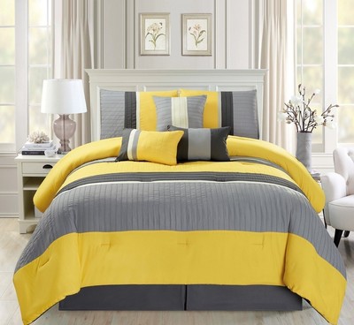 7pc Full Oversize Yellow Grey Off White Pin Tuck Stripe Comforter
