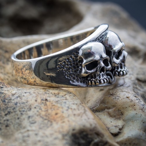 Triple Cluster Skull Ring 925 solid silver Metal Biker Gothic Punk GOT Thrones - Picture 4 of 4