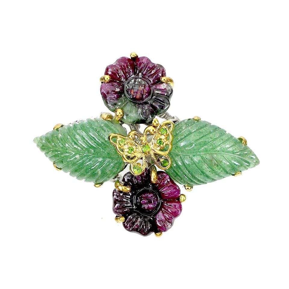 925 Anello Argento Sterling Rubino Fiore Intaglio Gemma Gioielli Artigianale 8.5 - Immagine 2 di 4